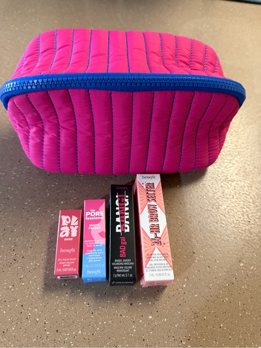 Fabric Benefit Hot Pink Quilted Cosmetic Pouch with Mini Samples New in boxes.